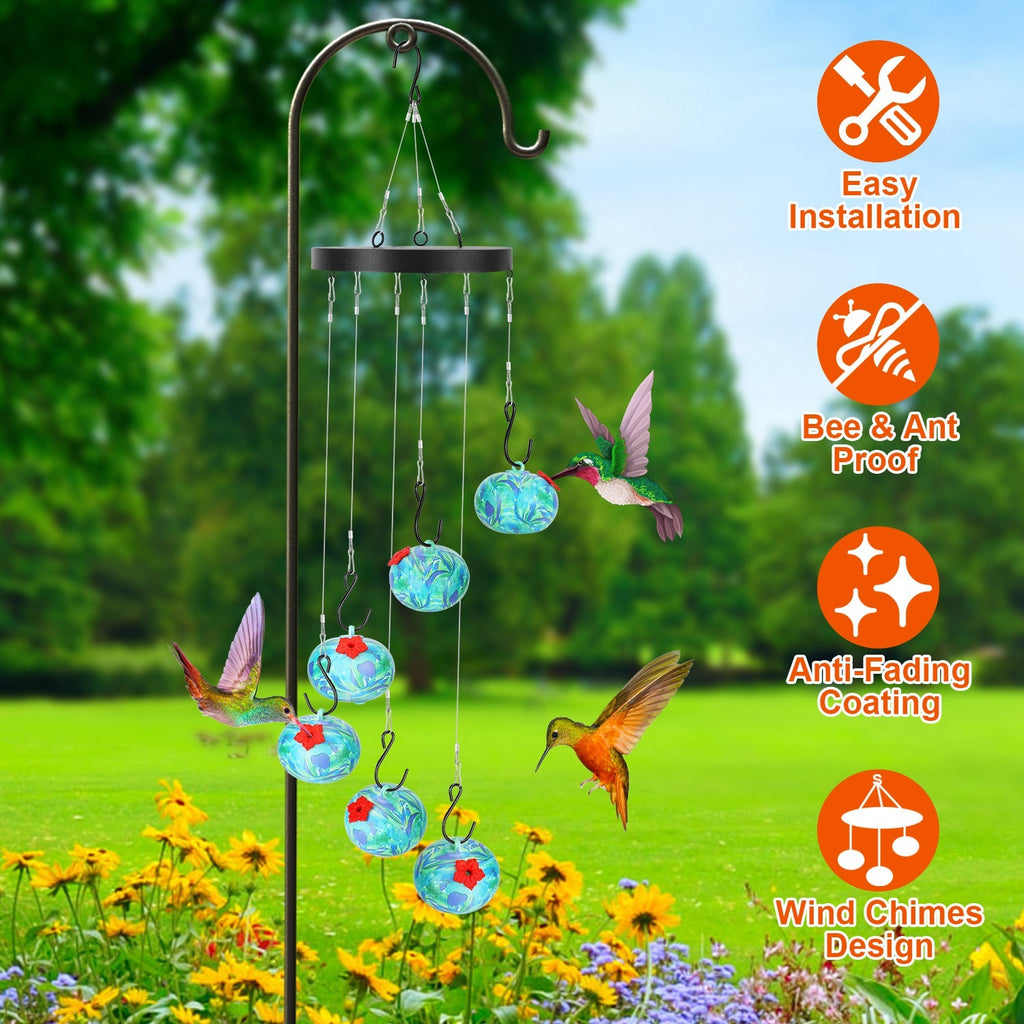 Hummingbird feeder in a garden setting, featuring easy installation, bee & ant proof, anti-fading coating, and wind chimes design icons.