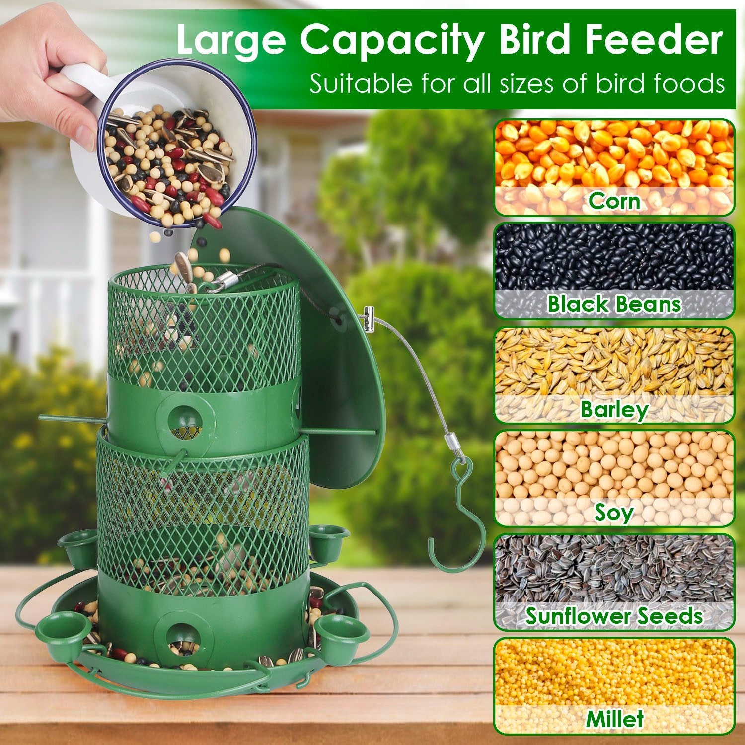 Green bird feeder with a hand pouring seeds, surrounded by images of different bird foods.