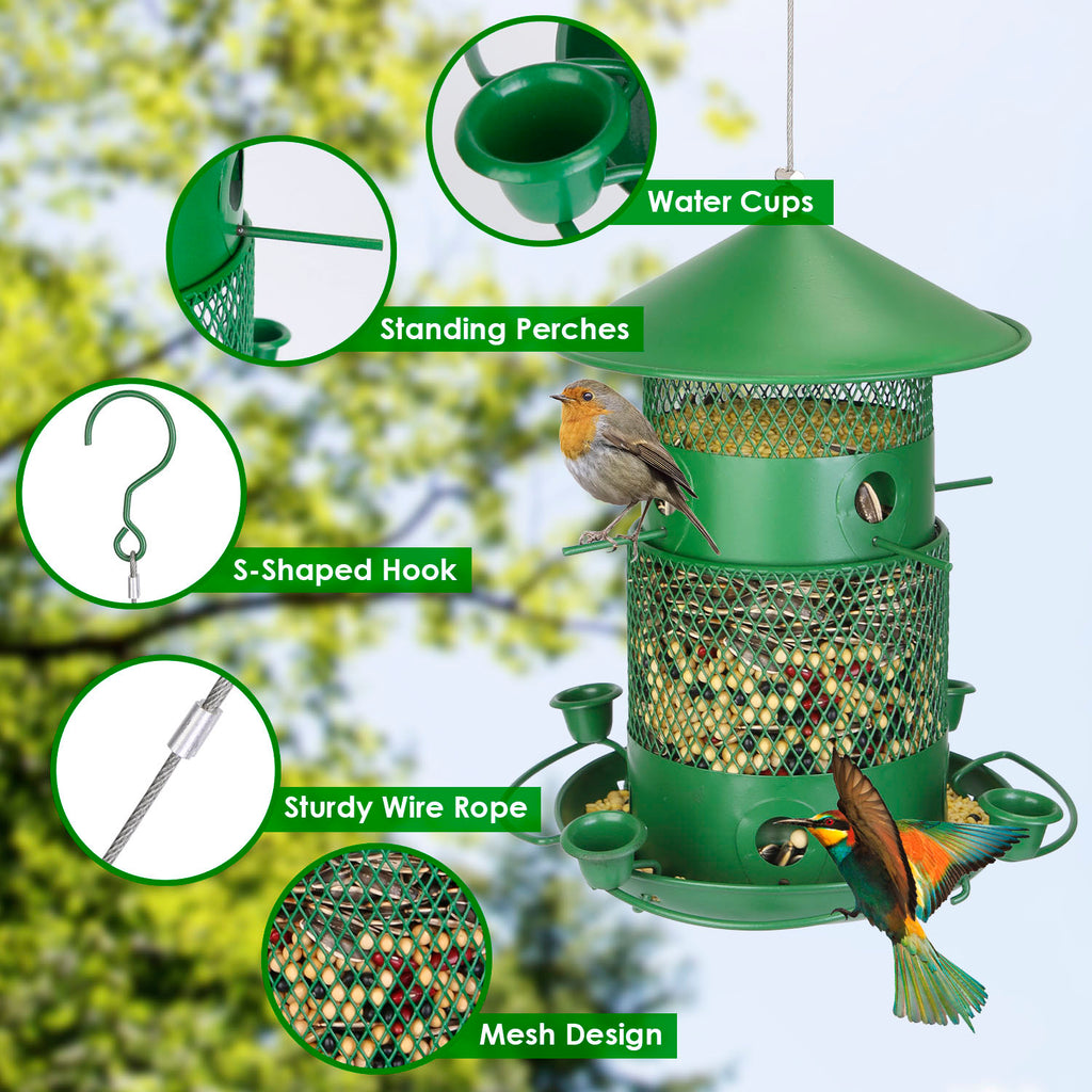 Green bird feeder with features highlighted, including water cups, standing perches, s-shaped hook, sturdy wire rope, and mesh design, with birds perched on it.