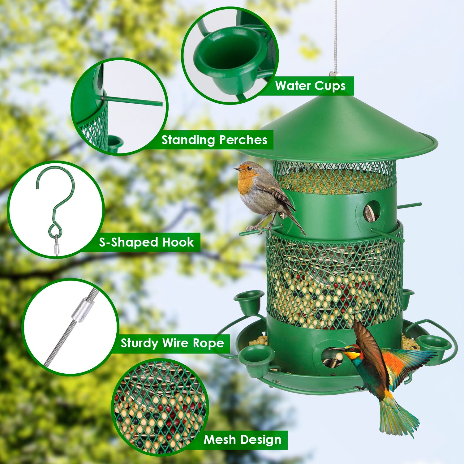 Green bird feeder with features highlighted, including water cups, standing perches, s-shaped hook, sturdy wire rope, and mesh design, with birds perched on it.