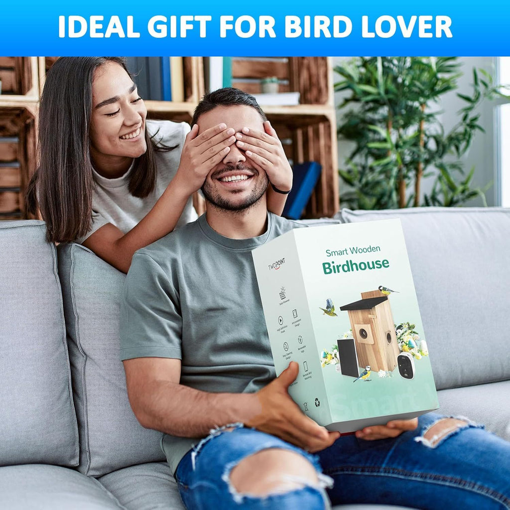 Woman covering a man's eyes as he holds a 'Smart Wooden Birdhouse' box, with text 'Ideal Gift for Bird Lover' at the top.