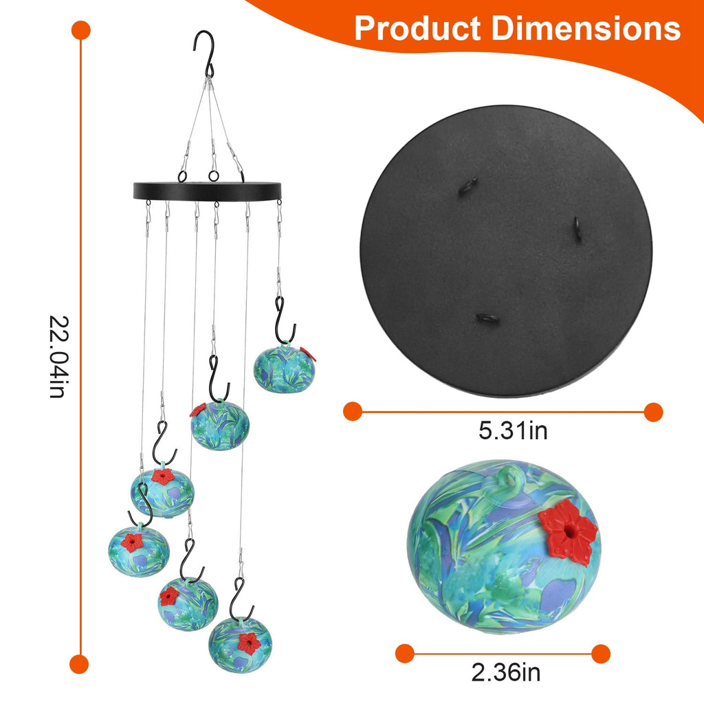 Product dimensions of a hanging hummingbird feeder with spherical balls and hooks.
