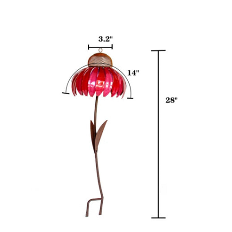 Red flower-shaped garden stake with measurements on a white background