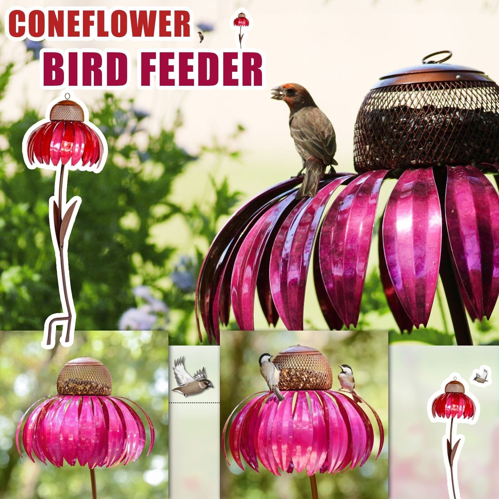 Coneflower bird feeder with a bird perched on it, surrounded by greenery.
