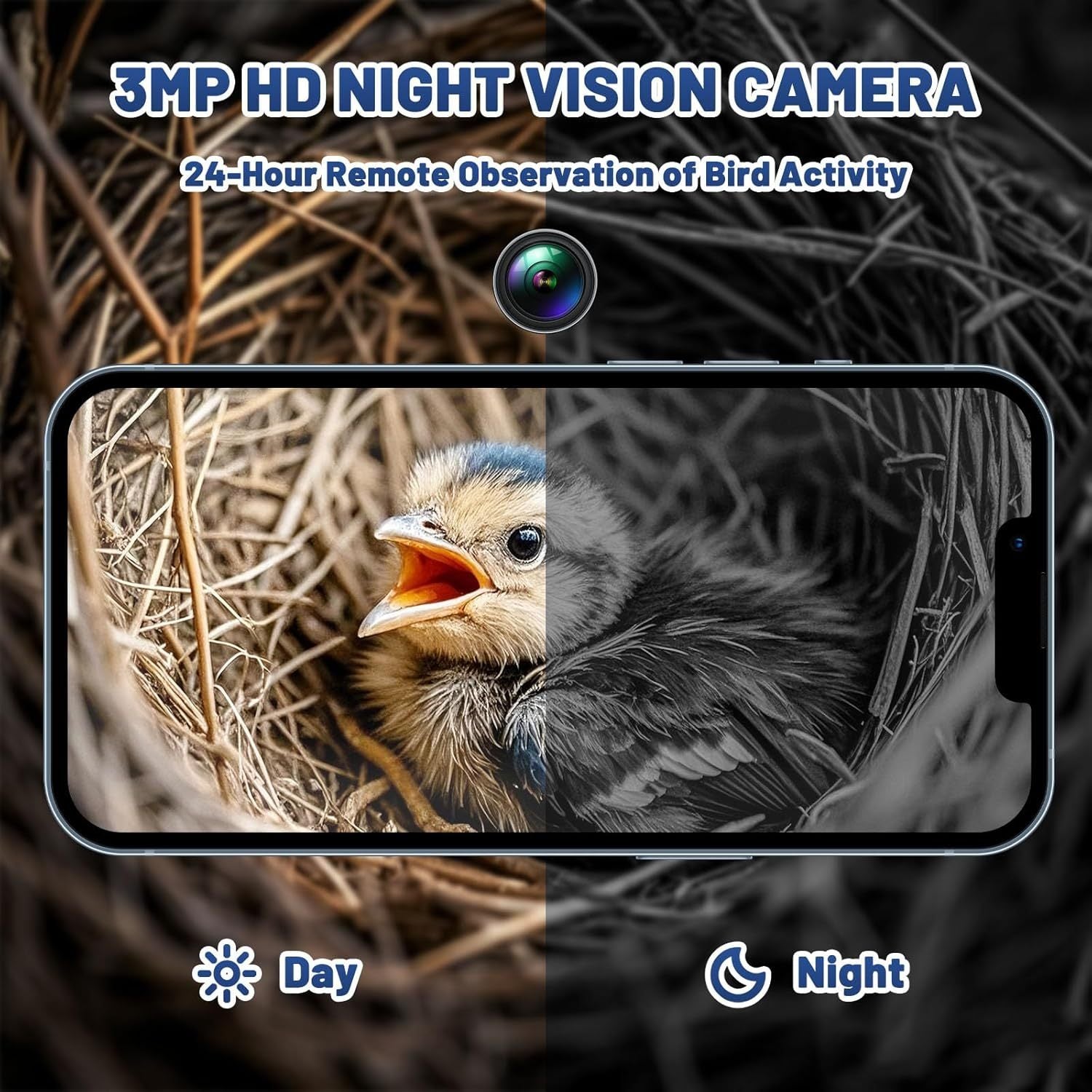 Smartphone displaying a bird in a nest with text about night vision camera capabilities.