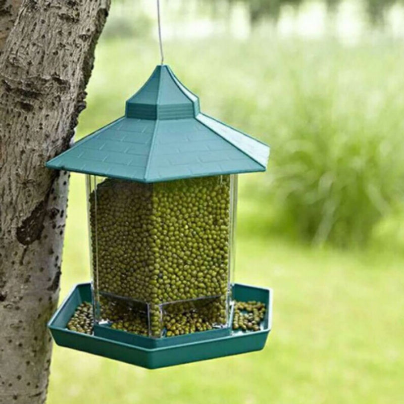 Green bird feeder hanging from a tree with a blurred natural background