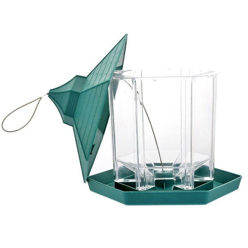 Teal bird feeder with clear container
