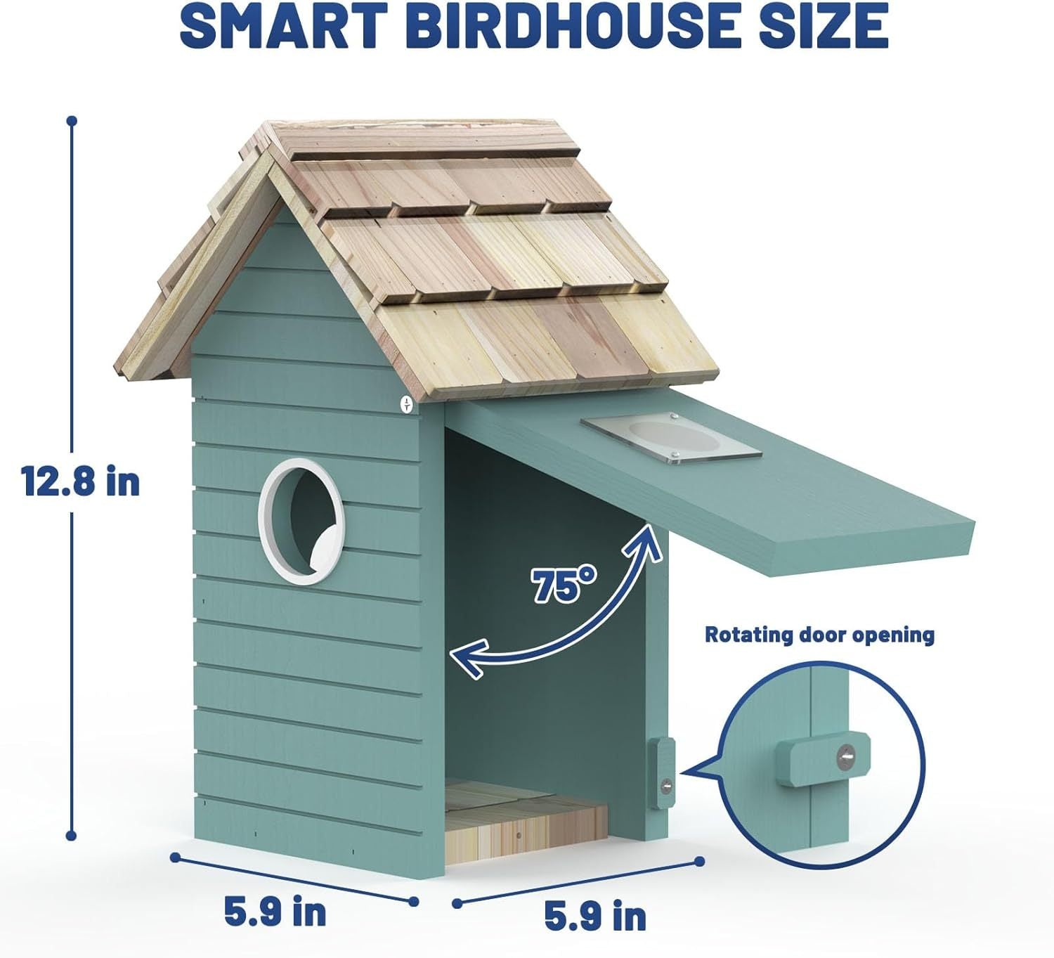 Smart birdhouse with dimensions and features highlighted on a white background