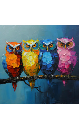 Four colorful owls on a branch against a blue gradient background