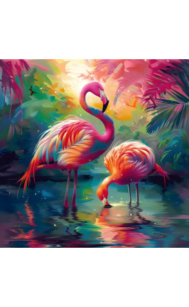 Colorful flamingo painting with a tropical background