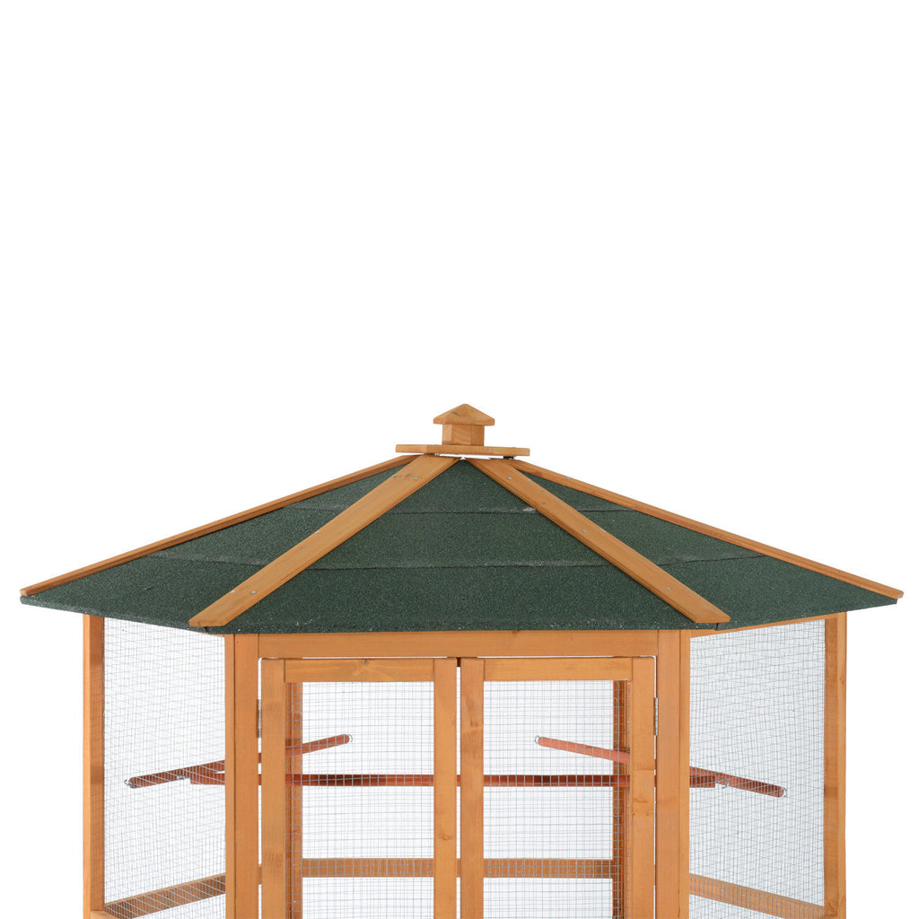 69 Large Wooden Bird Aviary Hexagonal Outdoor Aviary Flight Bird Cage With Covered Roof, Brown