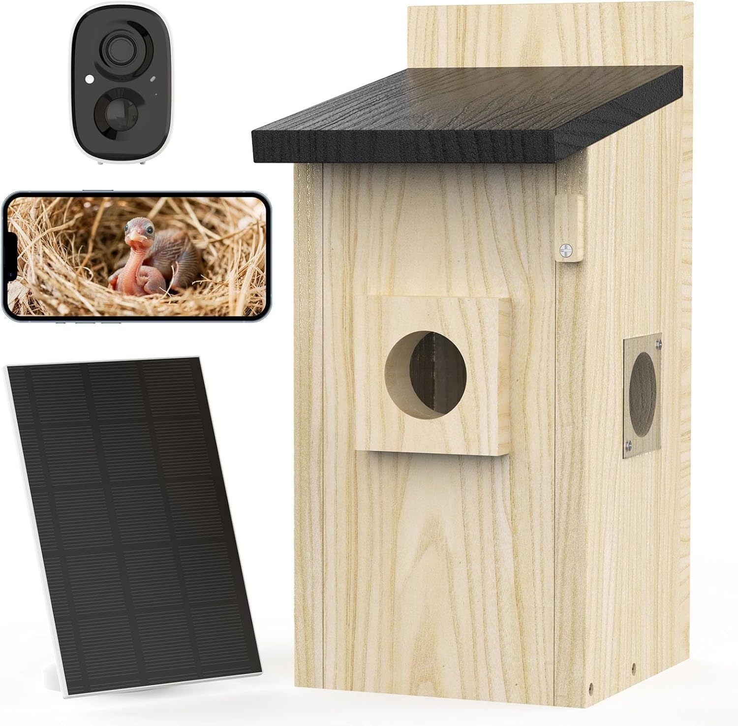 Wooden birdhouse with a camera and solar panel on a white background