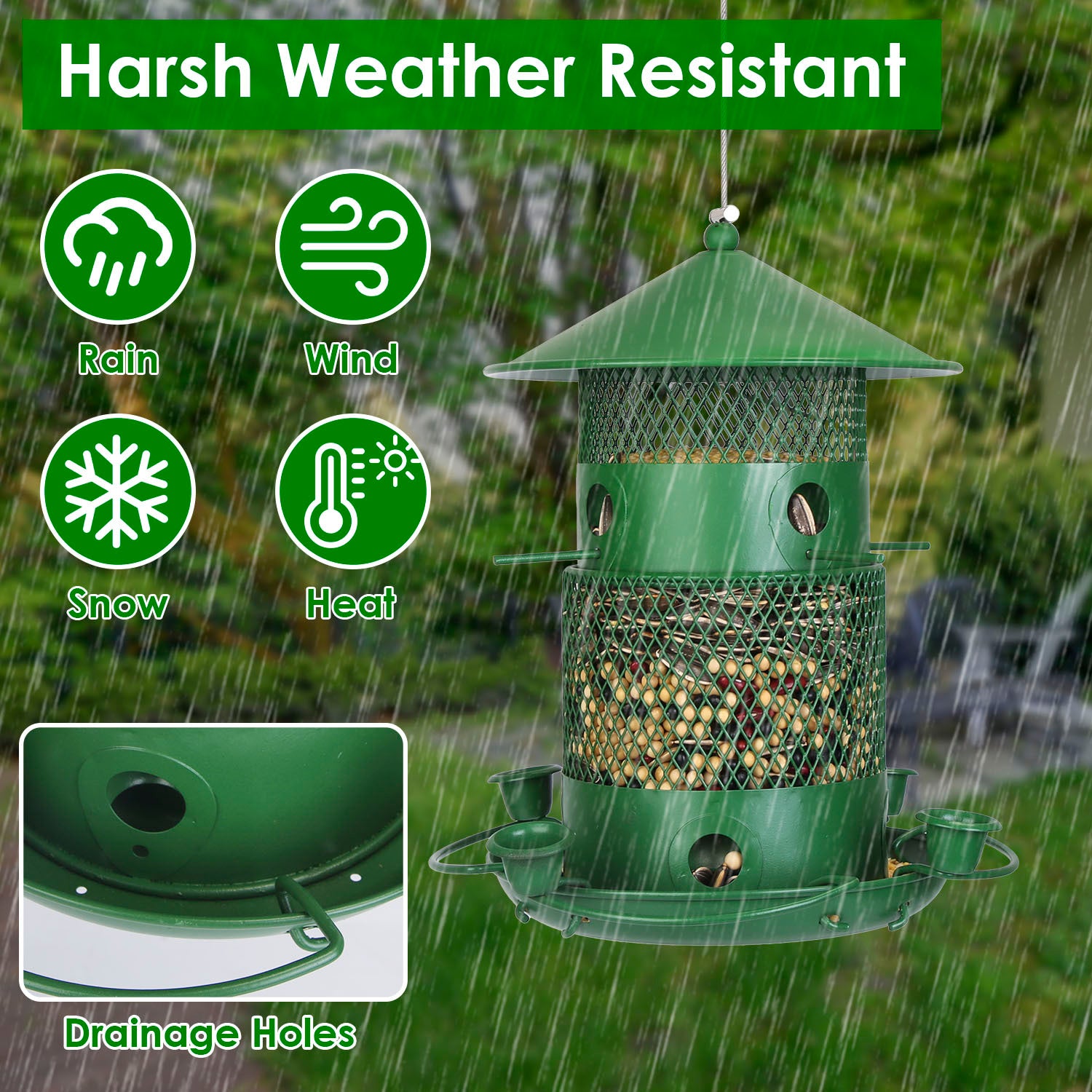 Green bird feeder with rain, wind, snow, and heat resistance features in a rainstorm.