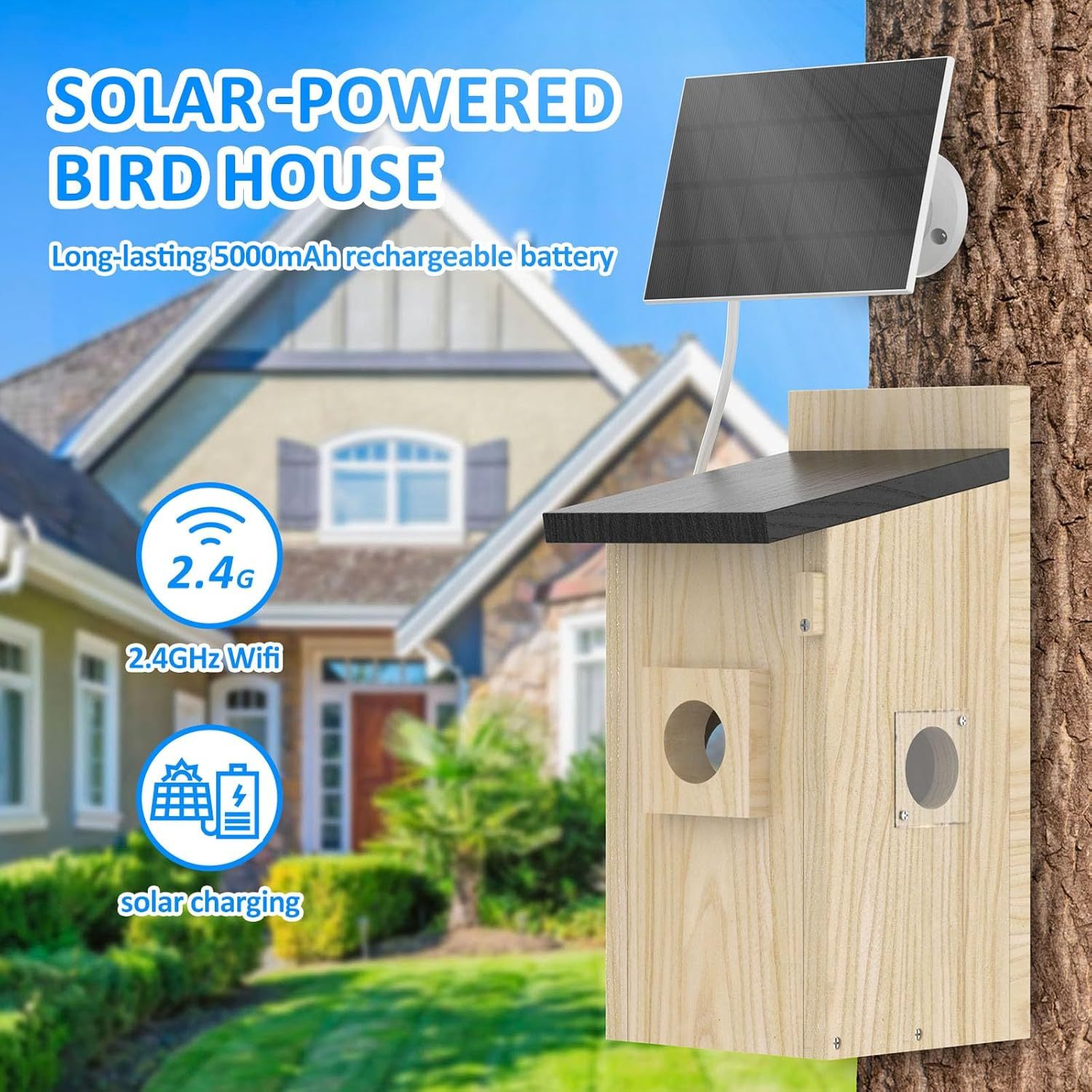 Solar-powered bird house with a battery pack attached to a tree, set against a suburban background.