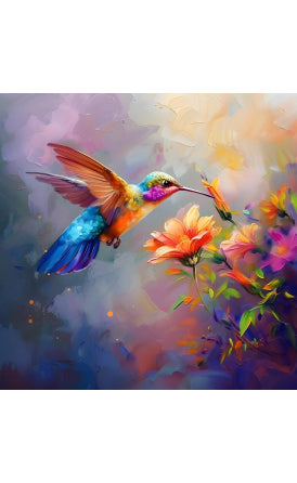 Colorful painting of a hummingbird and flowers on a soft, multicolored background