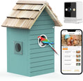 Birdhouse with a parrot, smart camera, and smartphone app on a white background