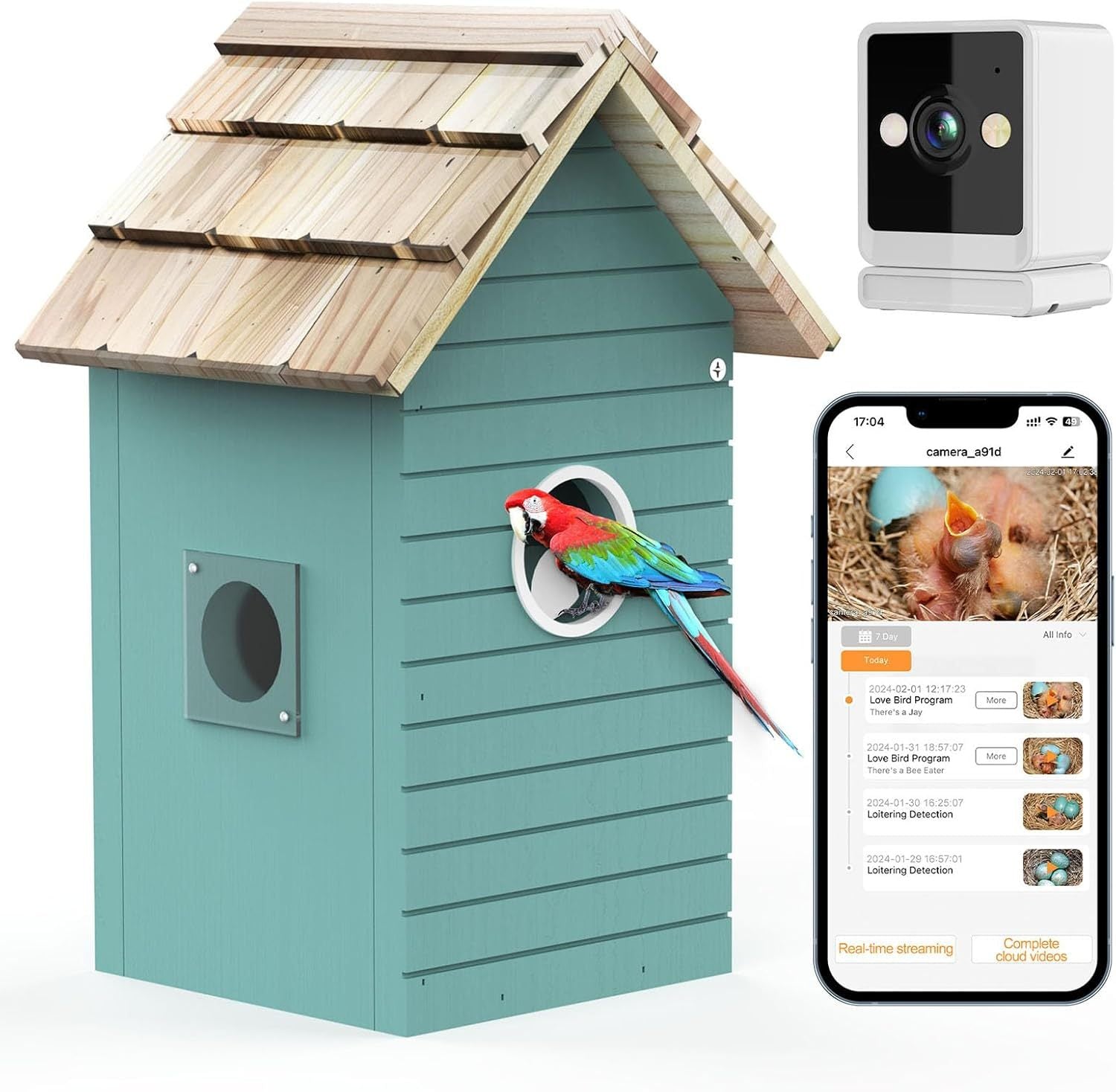 Birdhouse with a parrot, smart camera, and smartphone app on a white background
