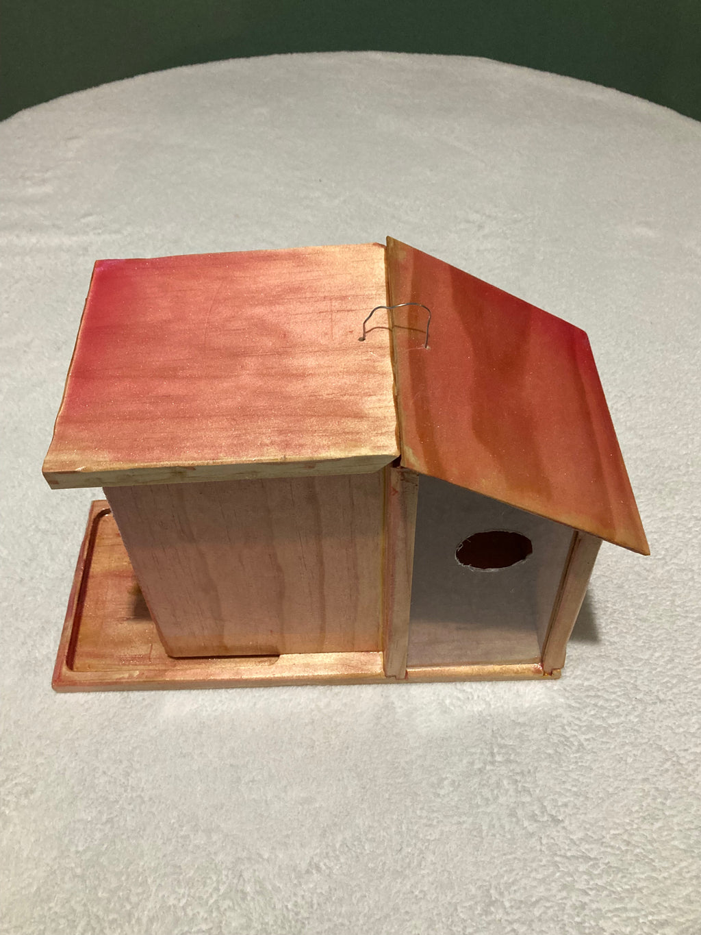 lose-up of bird condo entrance hole and roof detail