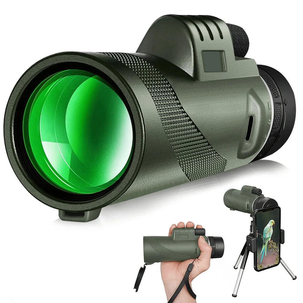 Green monocular telescope with smartphone attachment on a white background