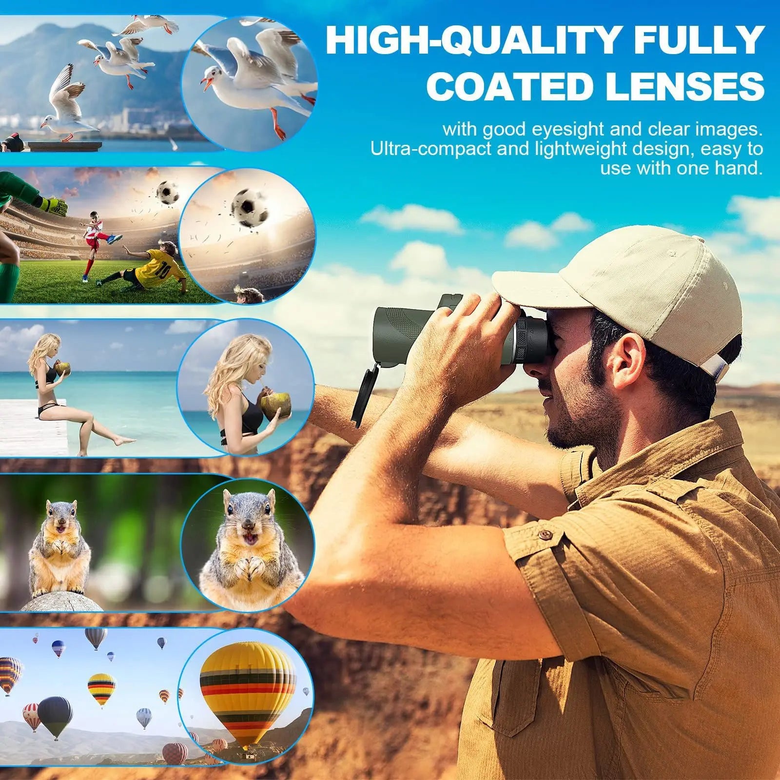 Person using binoculars with scenic background and product features highlighted
