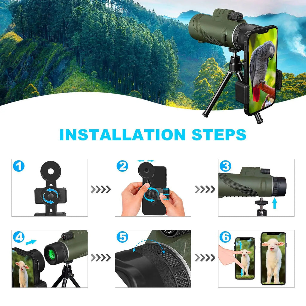 Telescope with smartphone attachment and installation steps on a scenic background