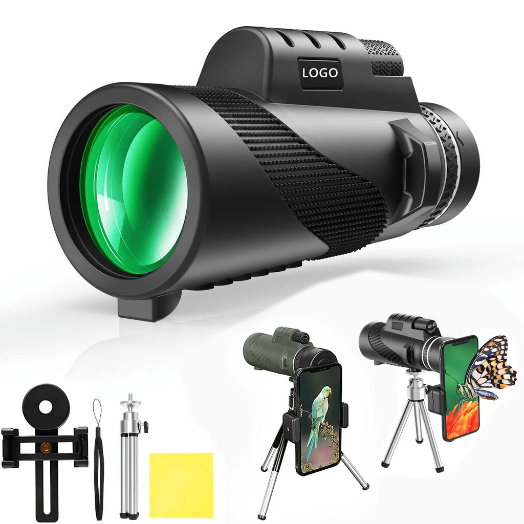 Black monocular telescope with green lens on a white background, featuring attachments and smartphone use examples.