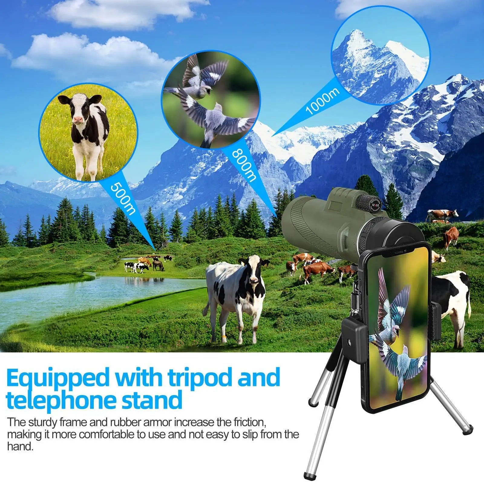 Telescope with smartphone attachment in a scenic outdoor setting with mountains and animals.