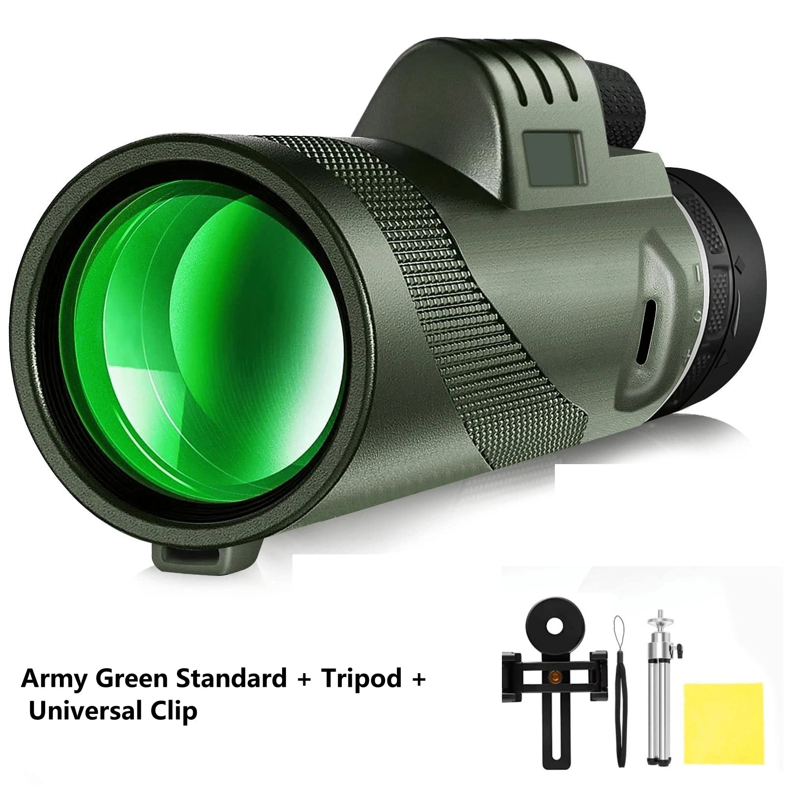 Monocular with green lens and accessories on a white background
