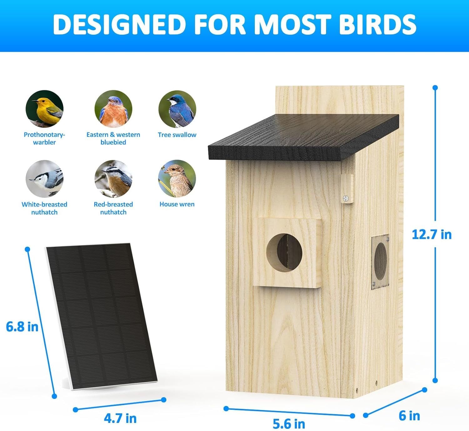 Wooden birdhouse with dimensions and compatibility with various bird species on a white background