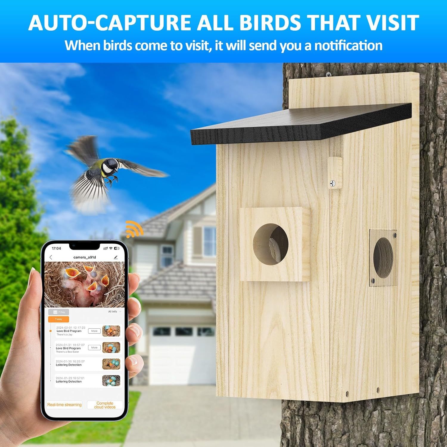 Birdhouse with smartphone app showing bird activity, set against a clear blue sky.