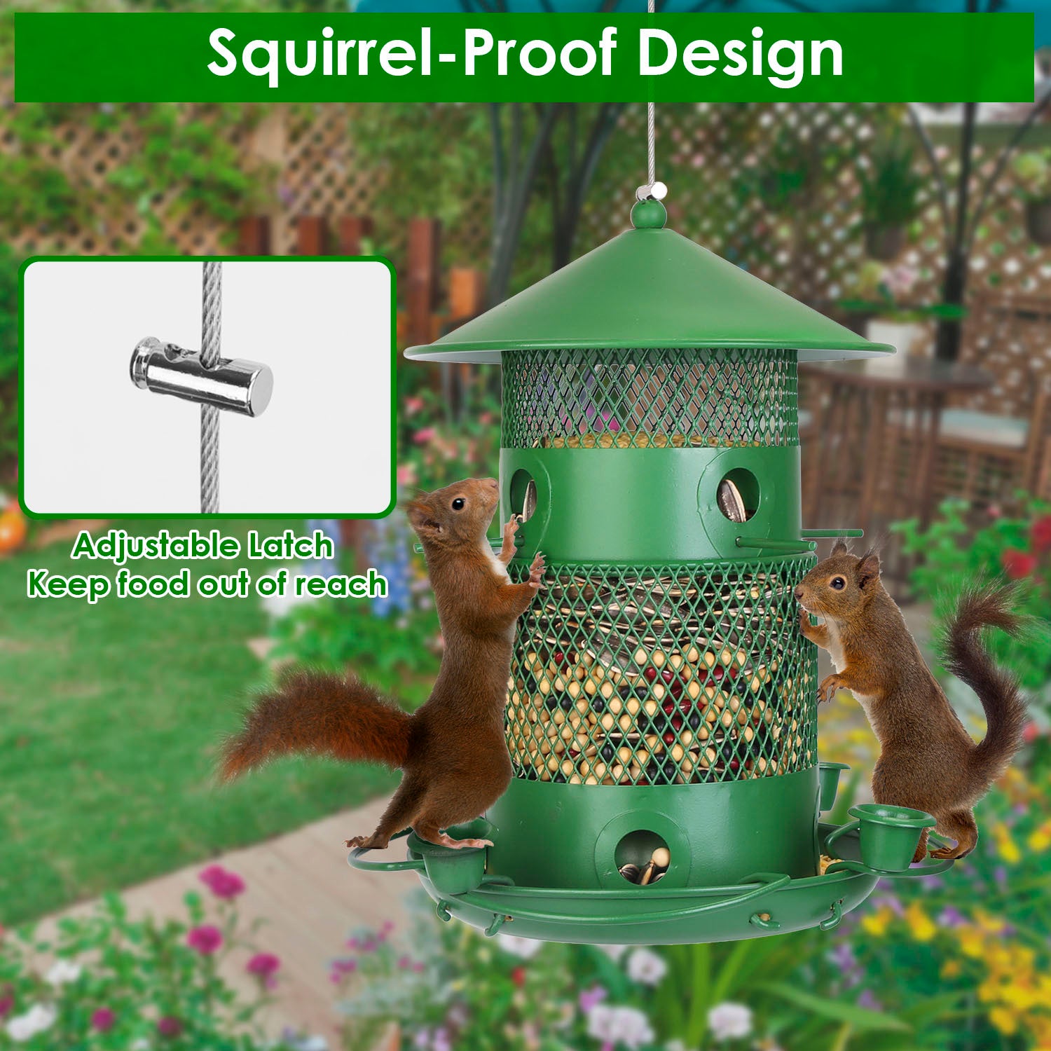 Green squirrel-proof bird feeder with two squirrels interacting, set against a garden background.