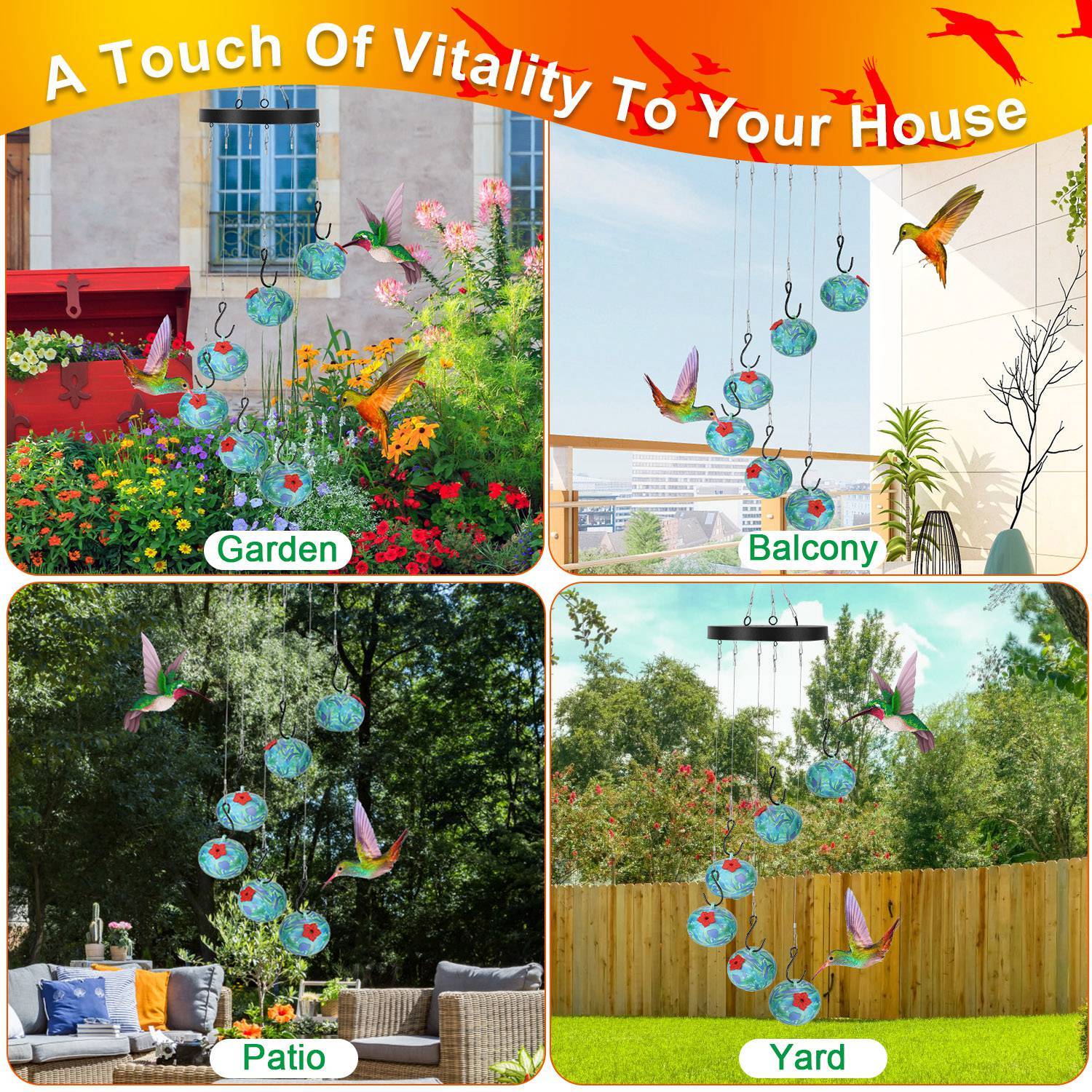 Feeder shown in different settings: garden, balcony, patio, and yard.