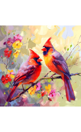Two red cardinals on a branch with colorful flowers and leaves in the background