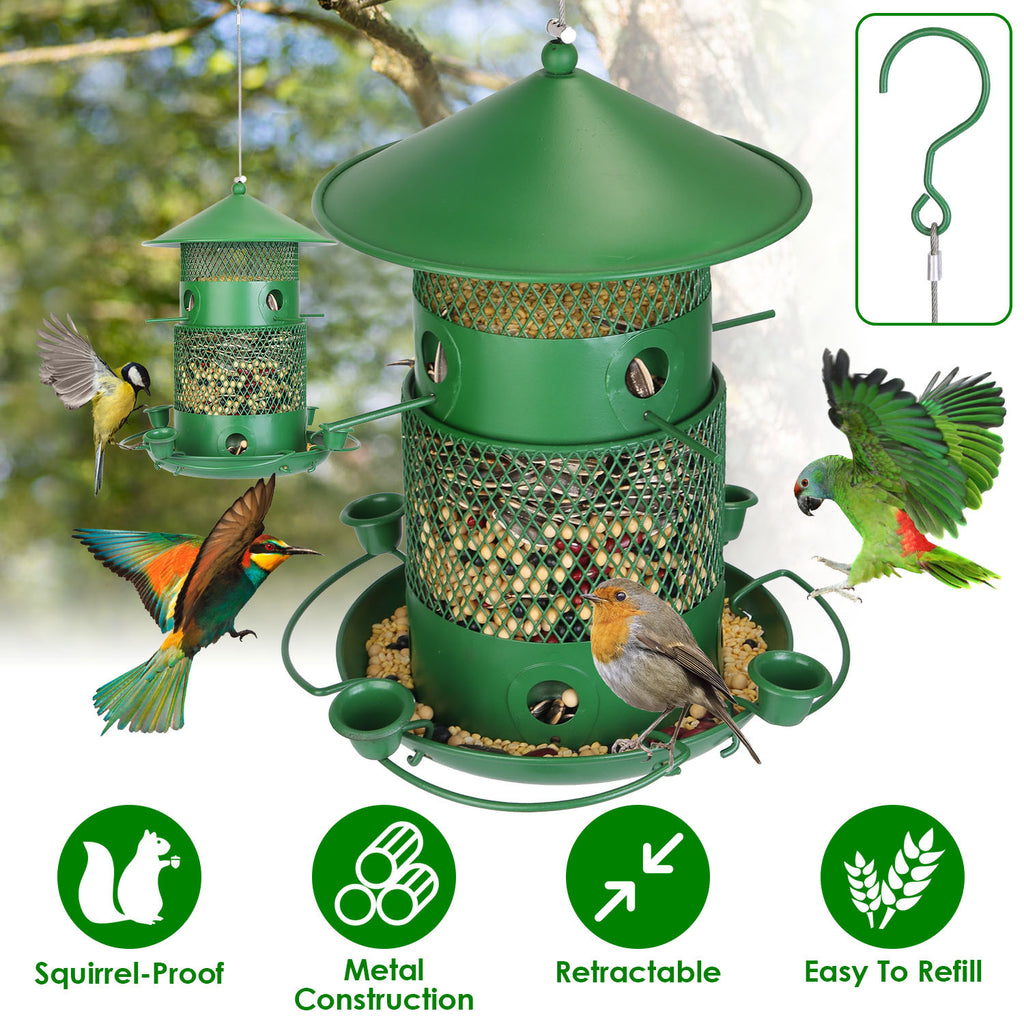 Green bird feeder with birds around it, featuring icons and text about its features.