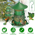 Green bird feeder with birds around it, featuring icons and text about its features.
