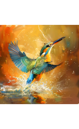 Colorful bird in flight with a dynamic splash effect on an orange background