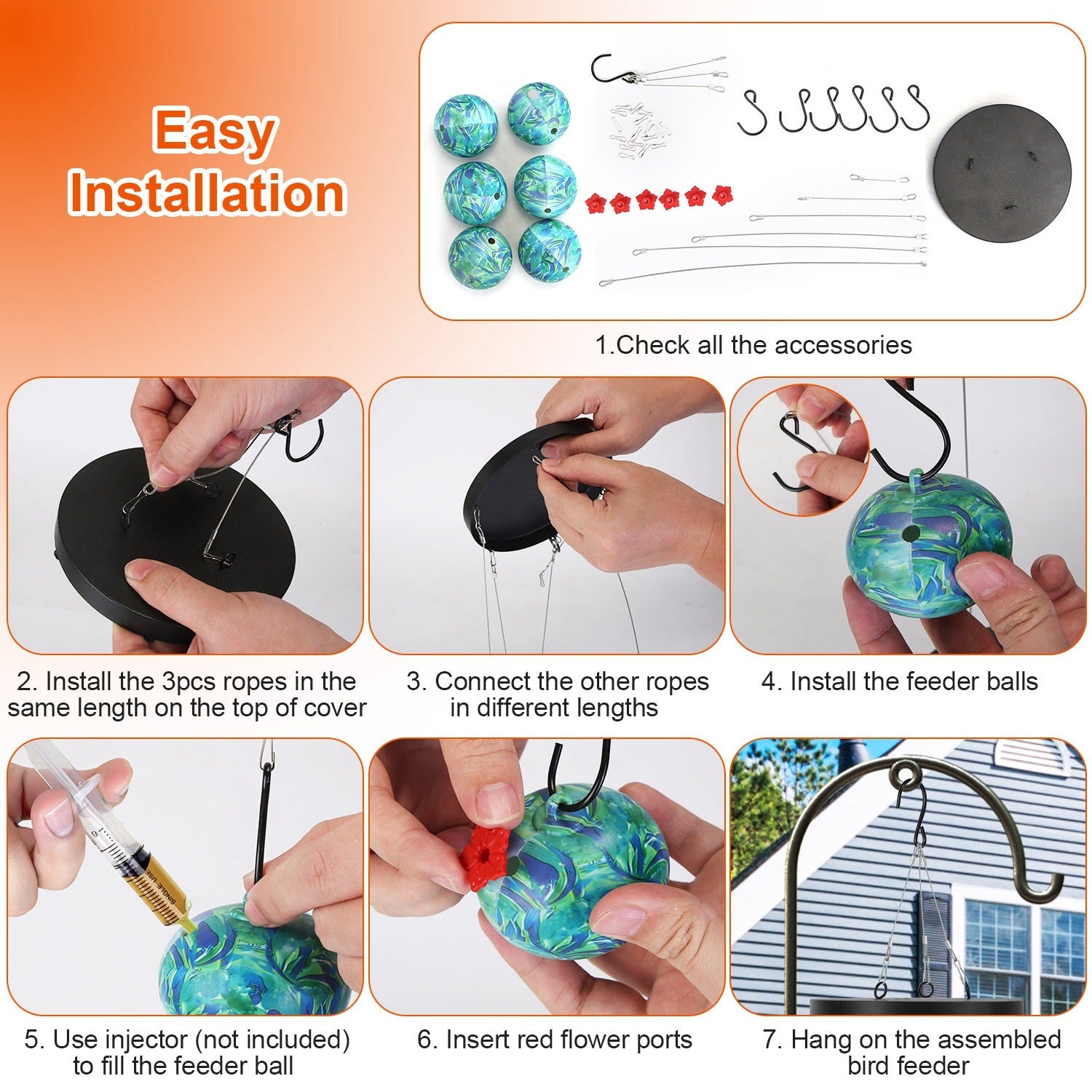 Step-by-step guide on how to install a bird feeder with various components and installation process.
