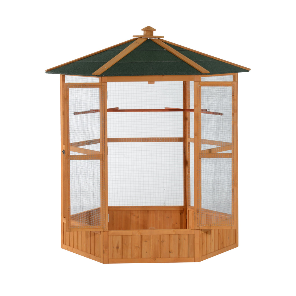 69 Large Wooden Bird Aviary Hexagonal Outdoor Aviary Flight Bird Cage With Covered Roof, Brown