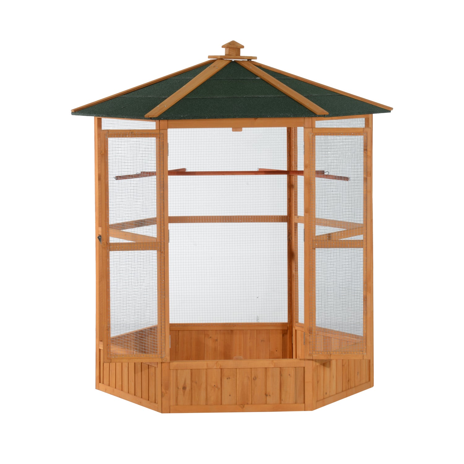 69 Large Wooden Bird Aviary Hexagonal Outdoor Aviary Flight Bird Cage With Covered Roof, Brown