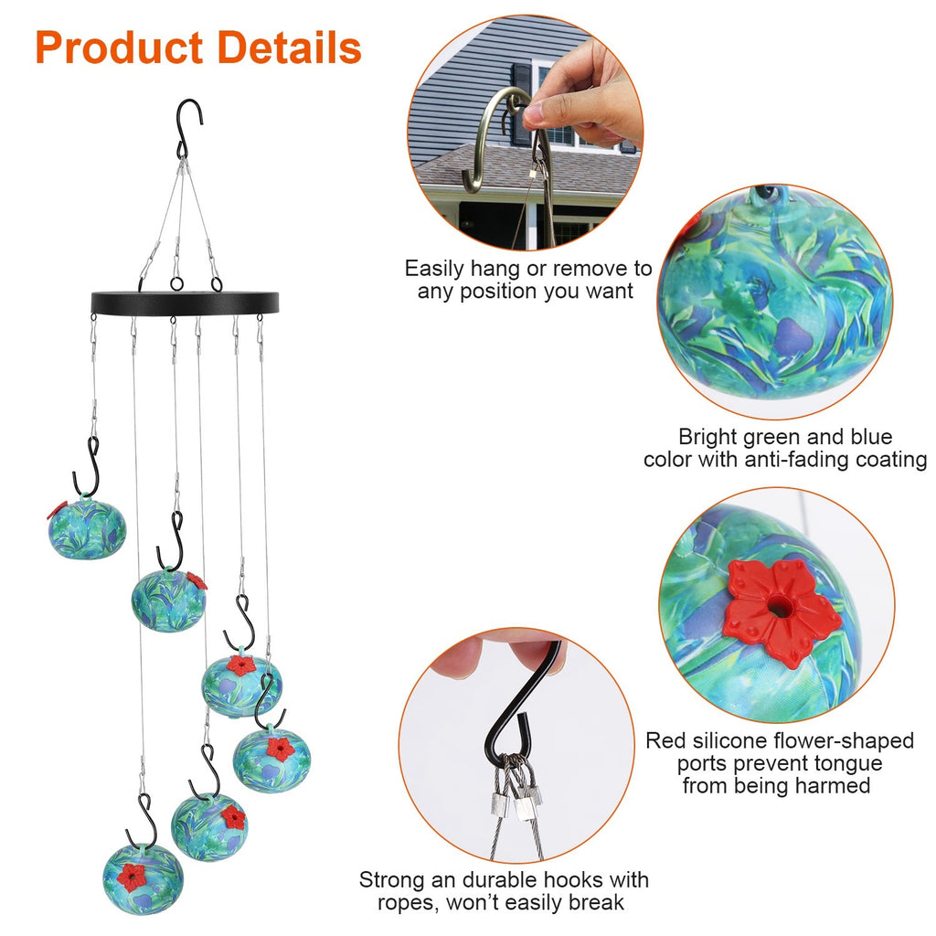 Product details of a colorful bird feeder with hooks and flower-shaped ports.