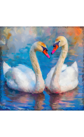 Two swans facing each other with a heart-shaped formation in a colorful water painting.